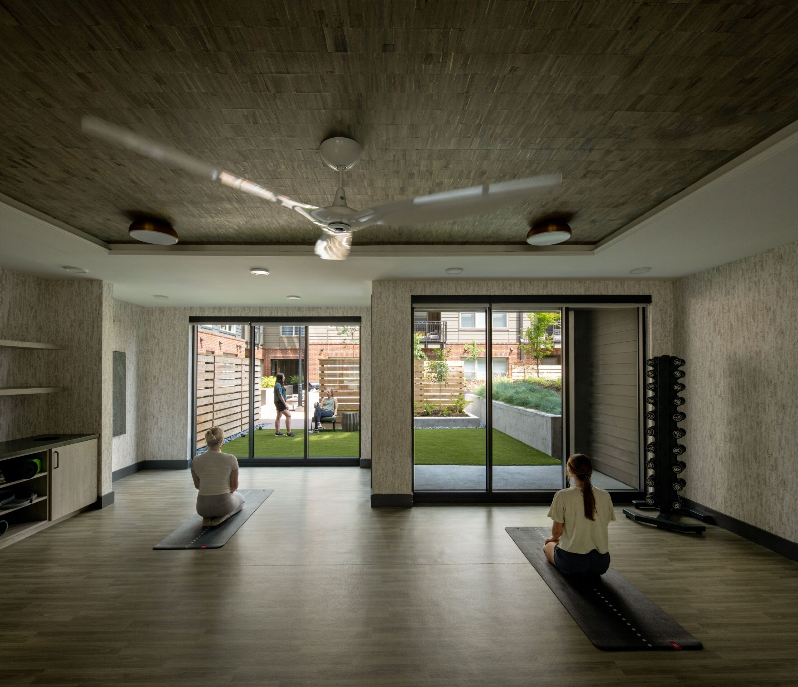 Meditation and yoga area looking into outdoor centra courtyard
