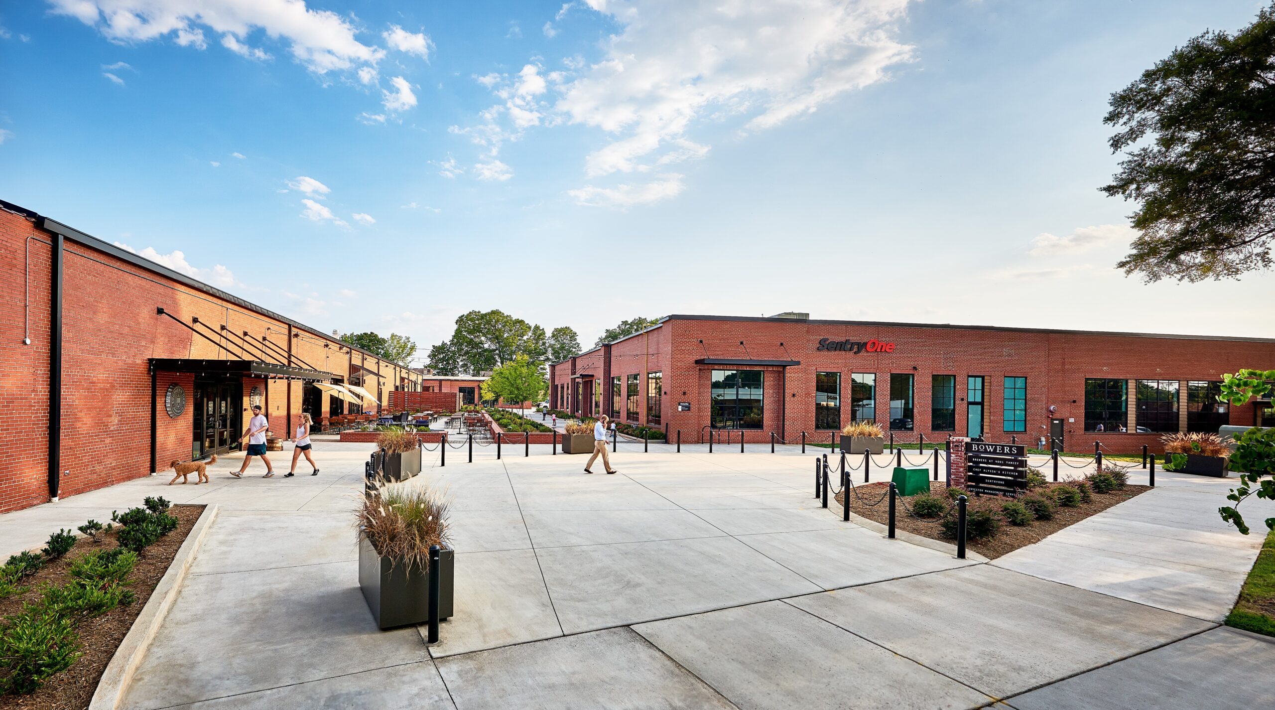 Pedestrian plaza with vehicle access at Bowers Fibers