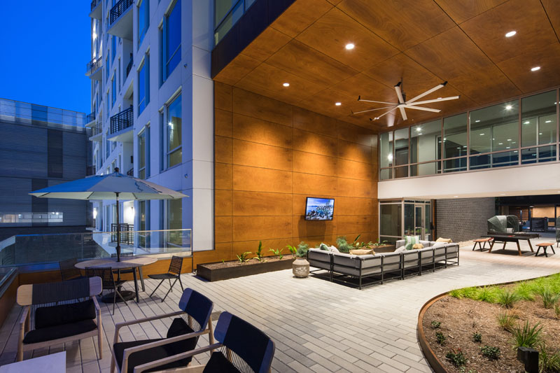 Breezeway looking toward central courtyard at Peace Raleigh Apartments