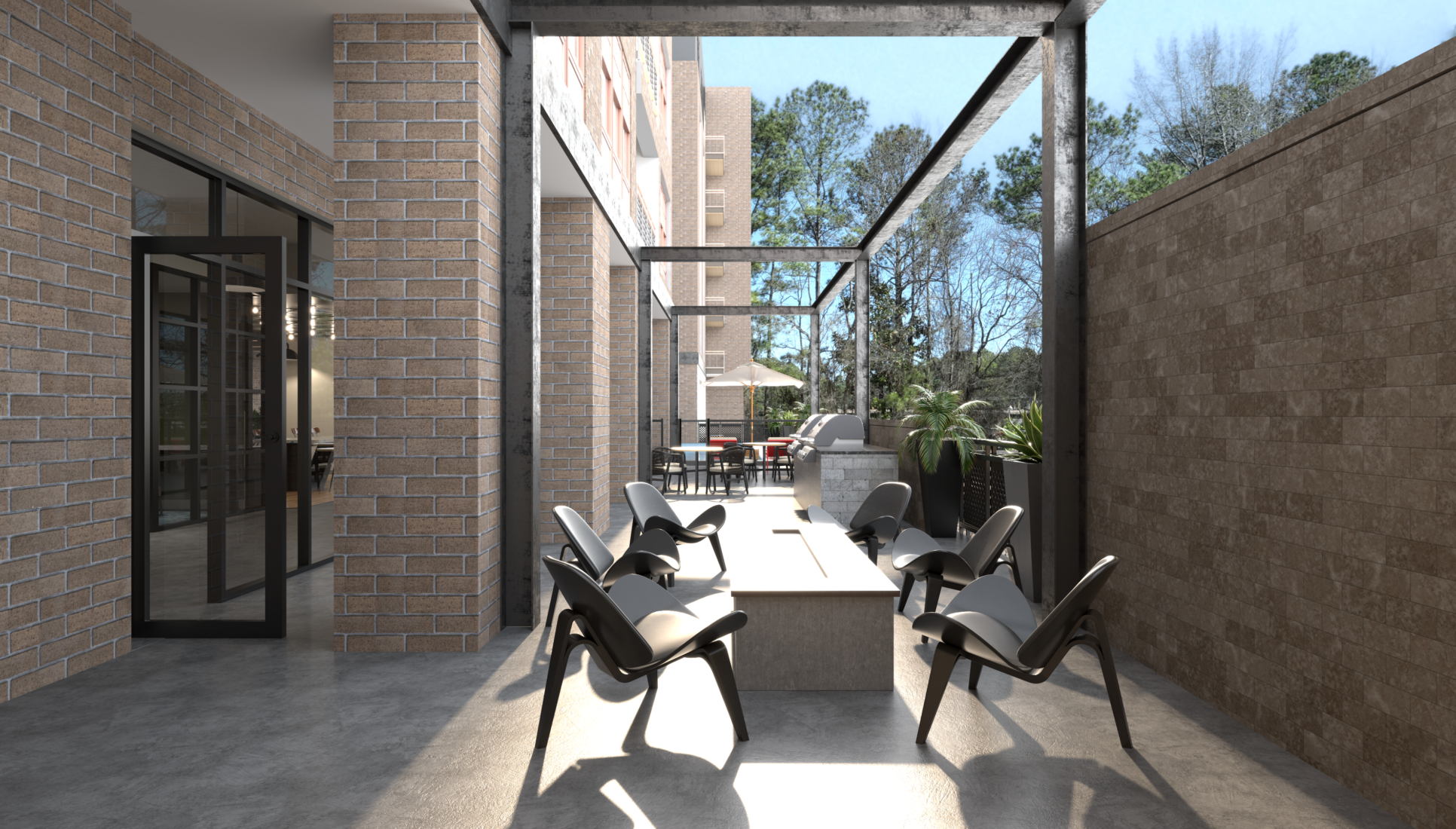 Courtyard and outdoor grill area of Raleigh IronWorks